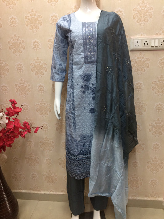 Grey Printed Cotton Suit with Embroidered Silk Dupatta