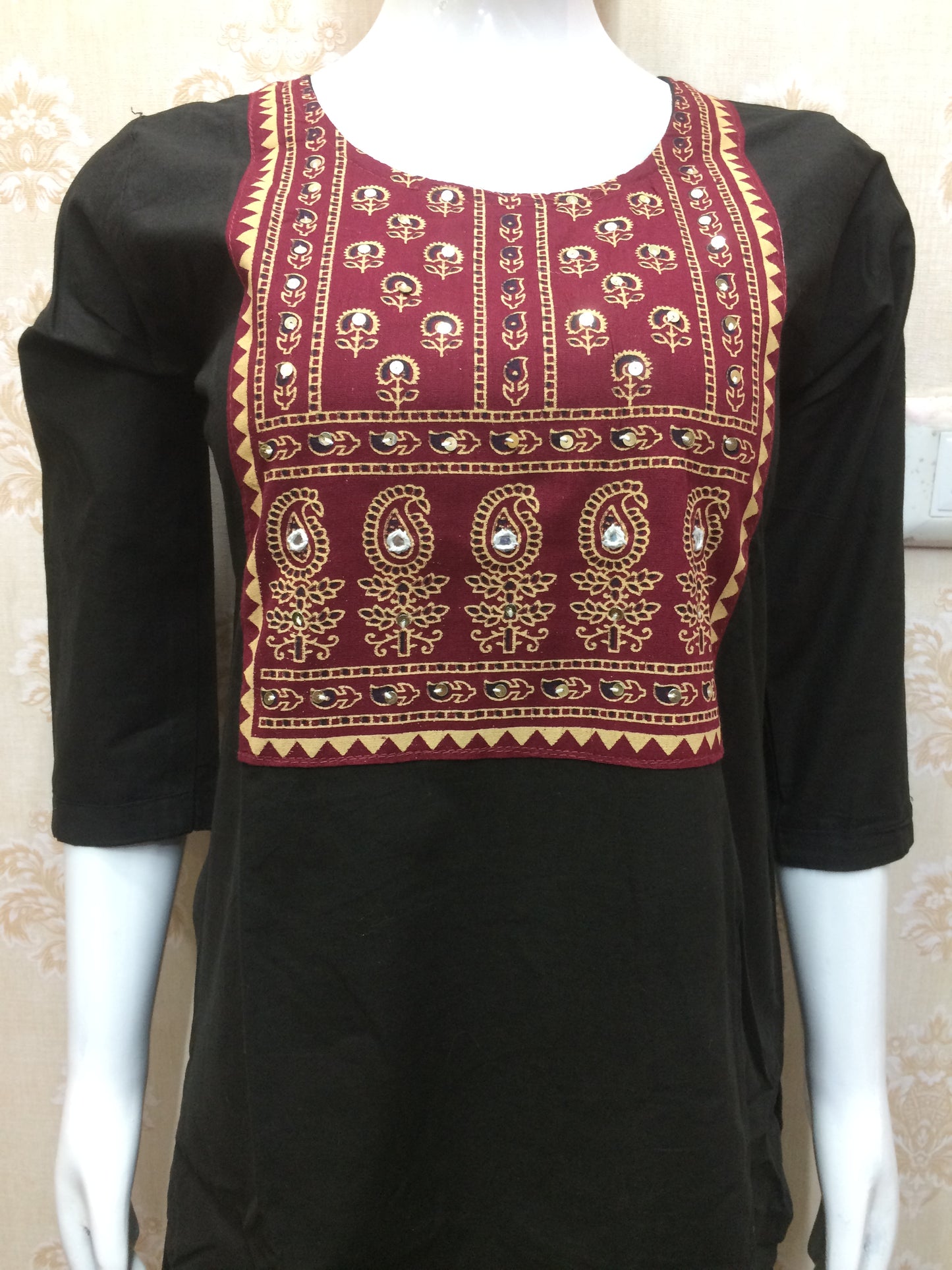 Black Straight Kurta Set with Maroon Embroidery & Ombre Dupatta
