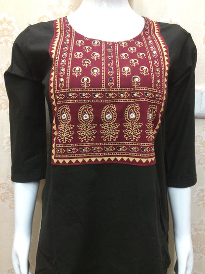 Black Straight Kurta Set with Maroon Embroidery & Ombre Dupatta
