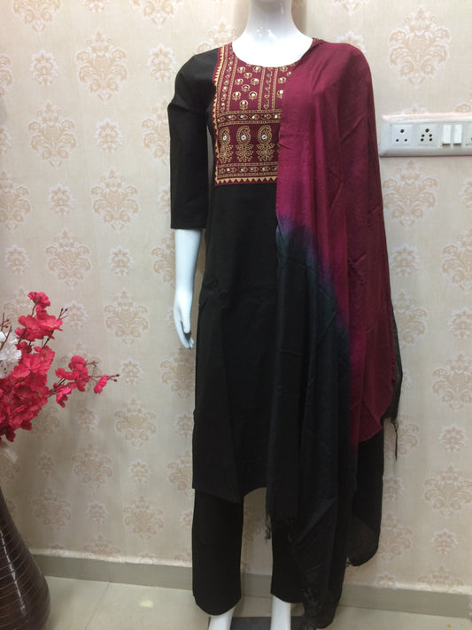 Black Straight Kurta Set with Maroon Embroidery & Ombre Dupatta