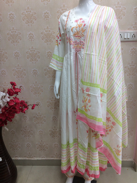 white embroiderd gown with cotton dupatta