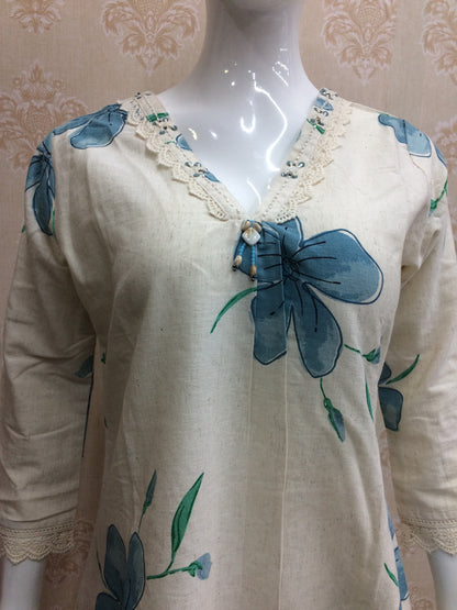 Off-white And Sea green Floral Cord Set