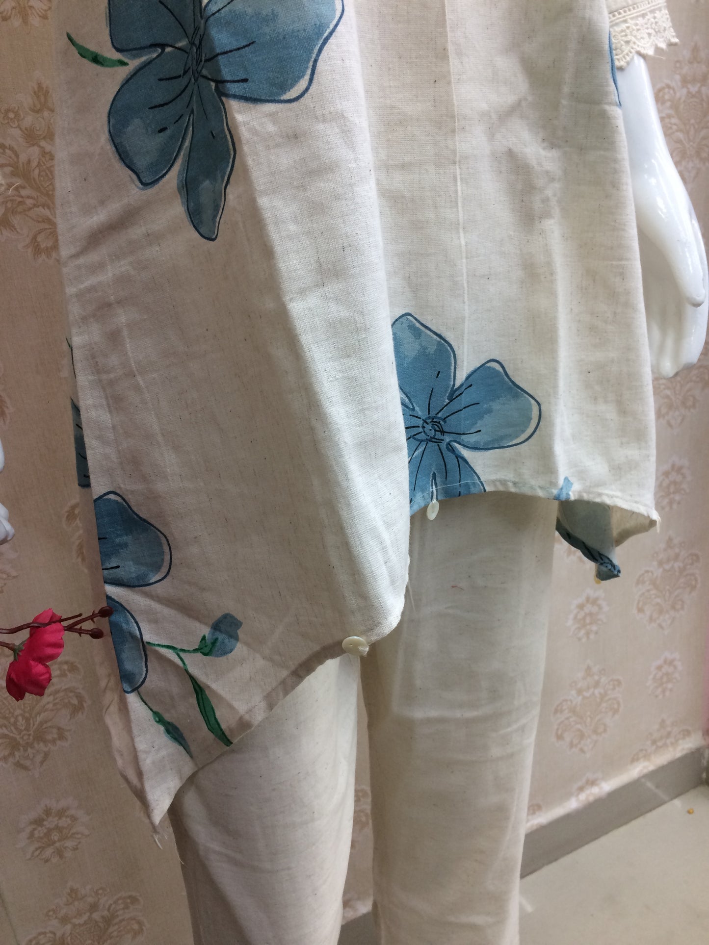 Off-white And Sea green Floral Cord Set