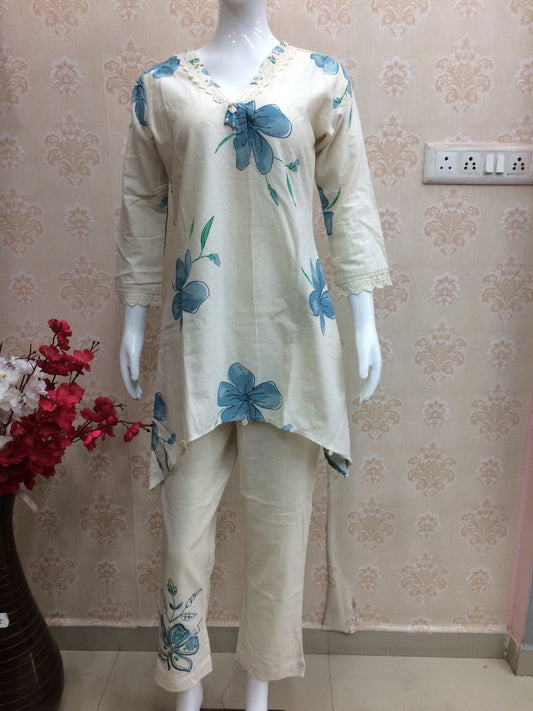Off-white And Sea green Floral Cord Set