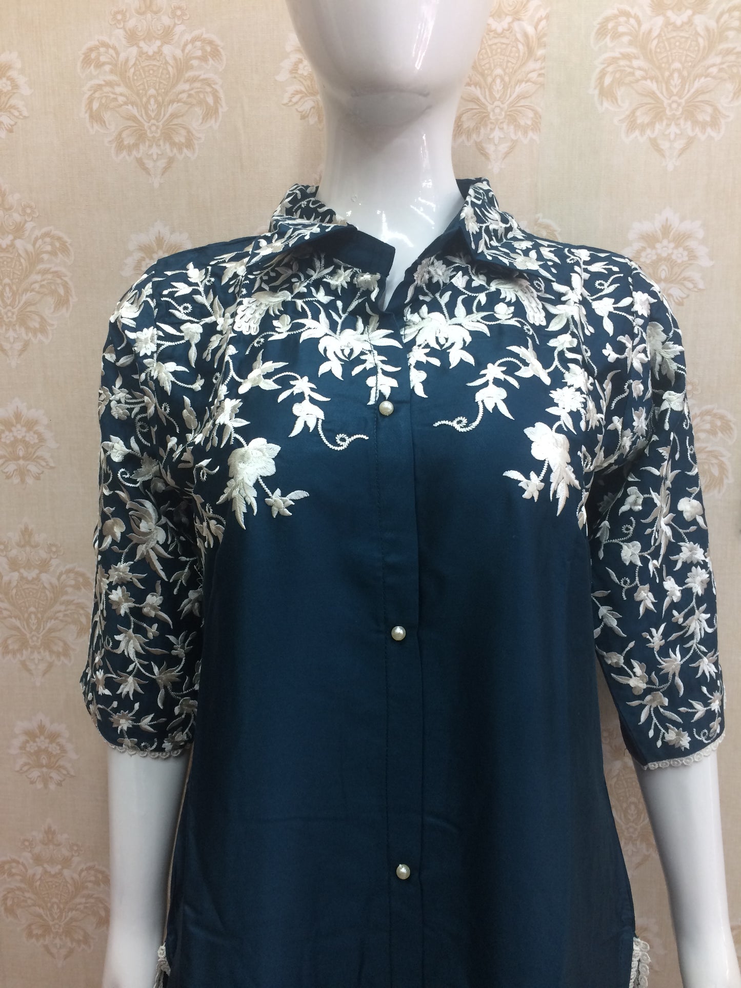 Muslin Co-ord Set in Navy Blue with Embroidered Sleeves