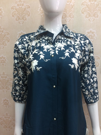 Muslin Co-ord Set in Navy Blue with Embroidered Sleeves