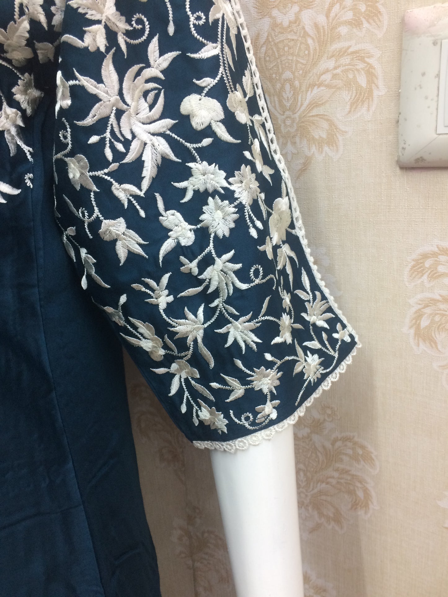 Muslin Co-ord Set in Navy Blue with Embroidered Sleeves