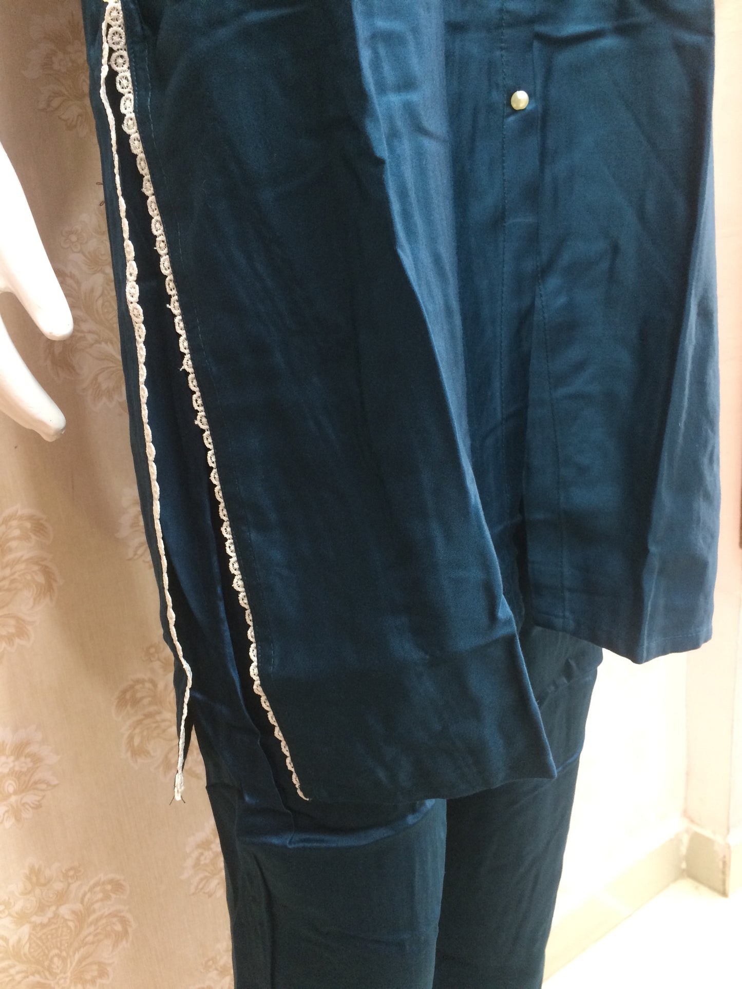 Muslin Co-ord Set in Navy Blue with Embroidered Sleeves