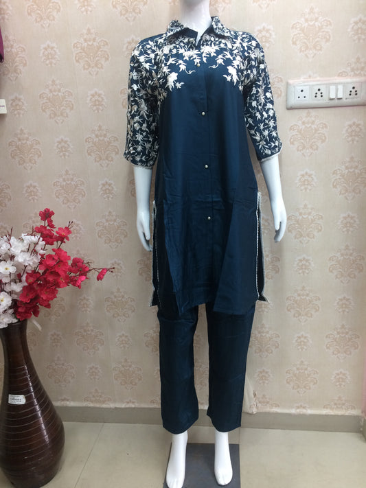 Muslin Co-ord Set in Navy Blue with Embroidered Sleeves
