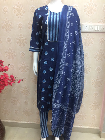 Jaipuri - Navy Blue And White with dupatta