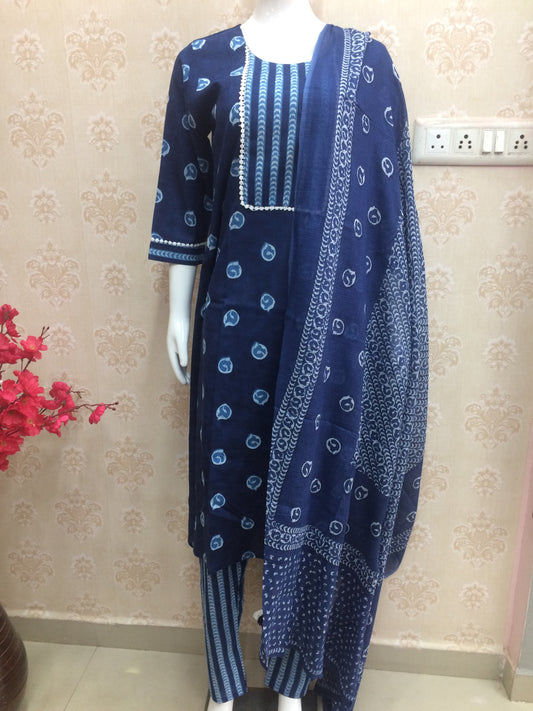 Jaipuri - Navy Blue And White with dupatta
