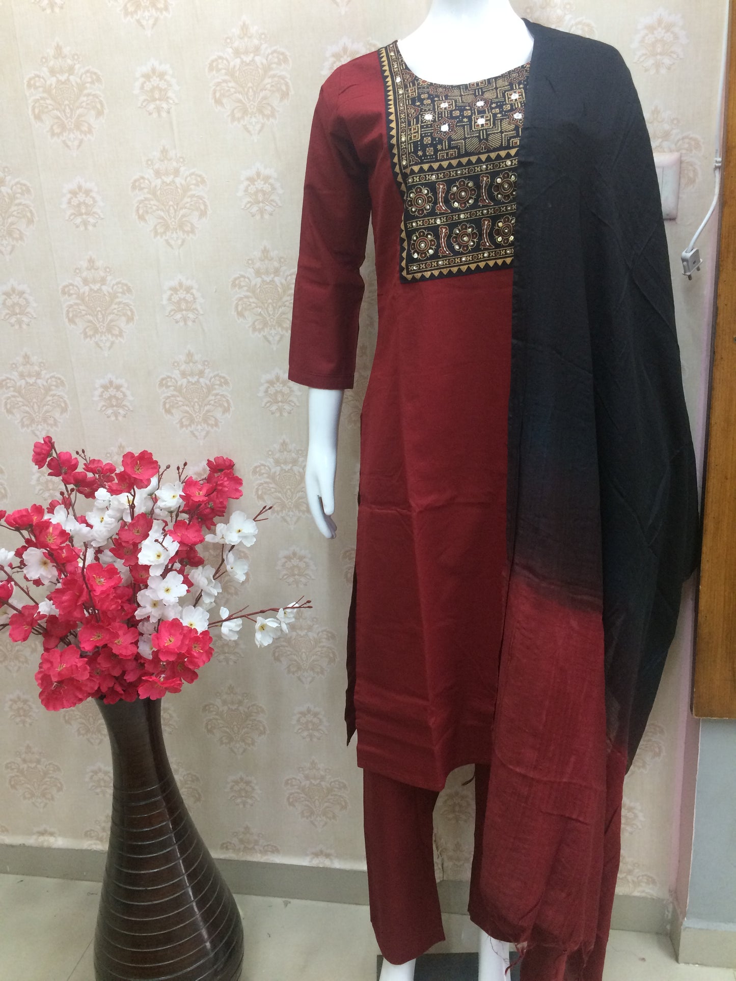 Red Straight Kurta Set with black  Embroidery & Ombre Dupatta