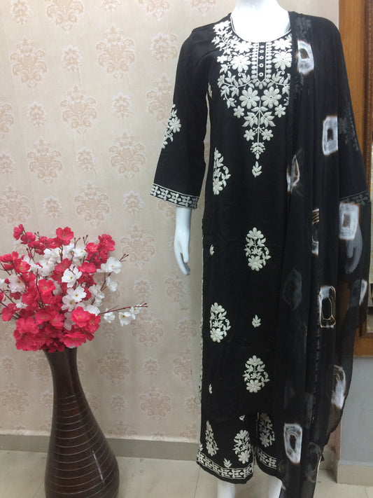 Black Cotton Floral Embroidered Suit Set with chiffon Dupatta