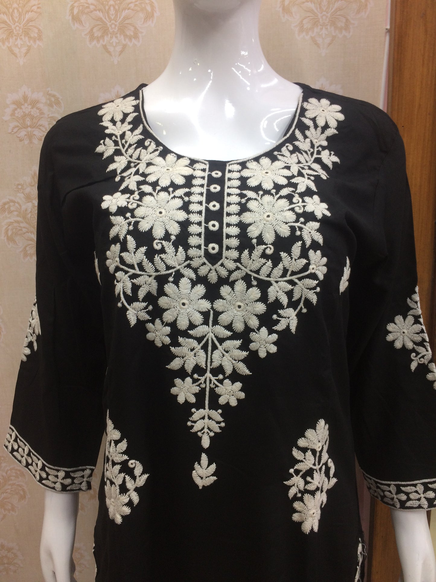 Black Cotton Floral Embroidered Suit Set with chiffon Dupatta
