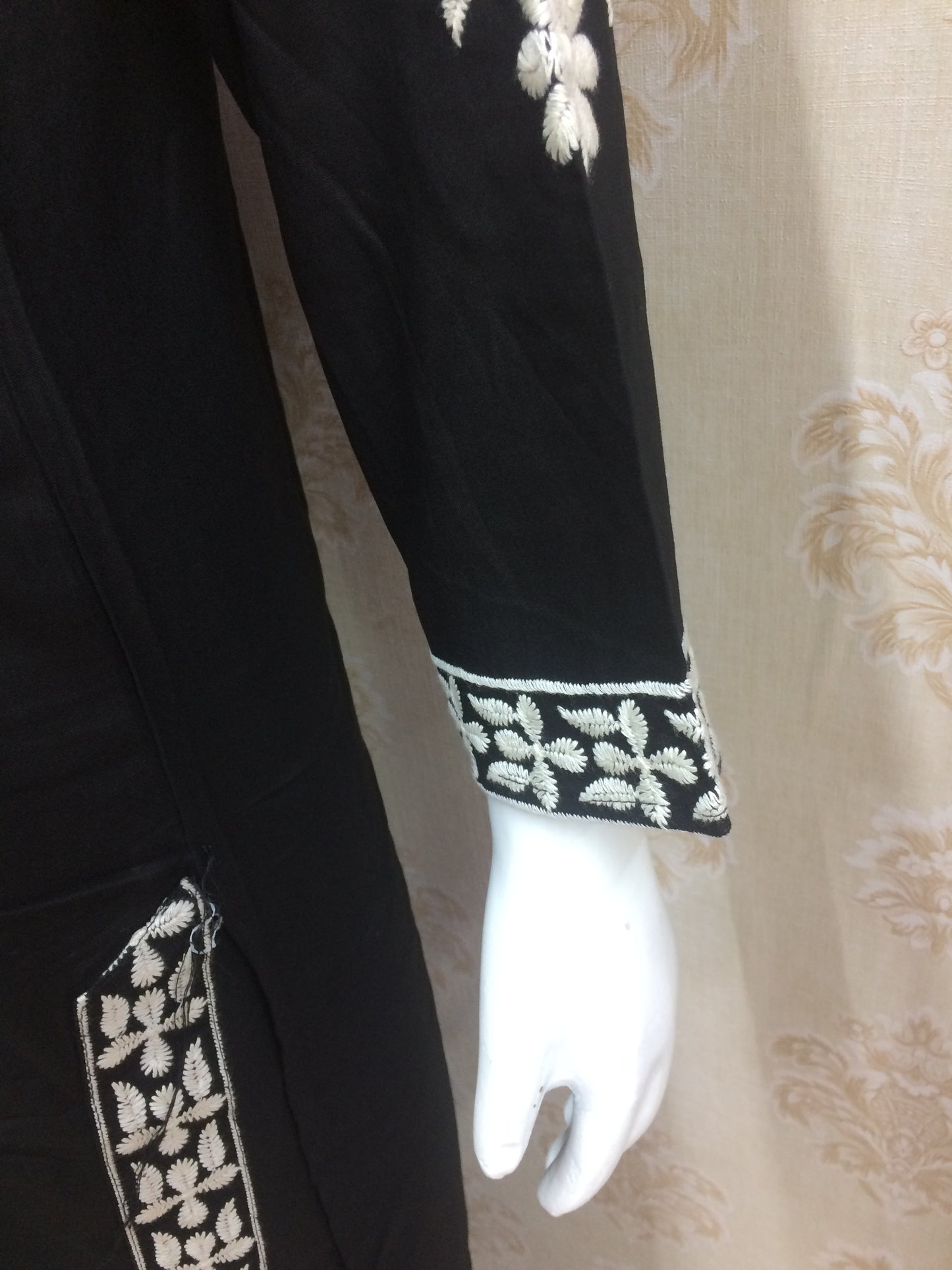 Black Cotton Floral Embroidered Suit Set with chiffon Dupatta