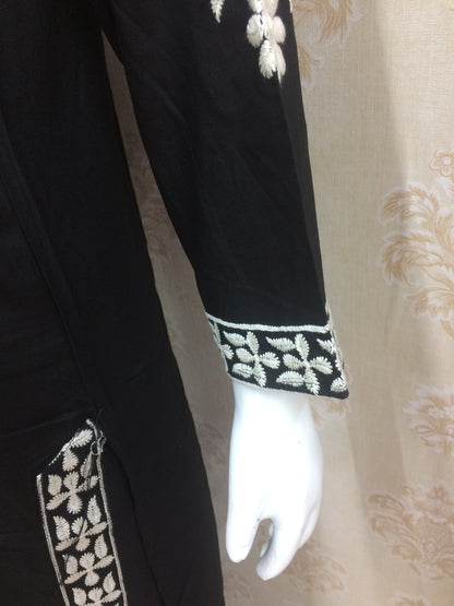 Black Cotton Floral Embroidered Suit Set with chiffon Dupatta