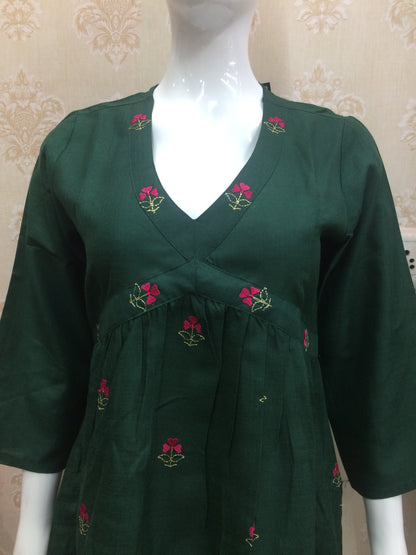 Dark Green Cotton Embroidered Kurta Set