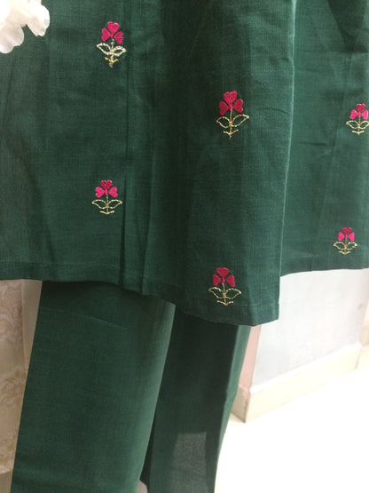 Dark Green Cotton Embroidered Kurta Set