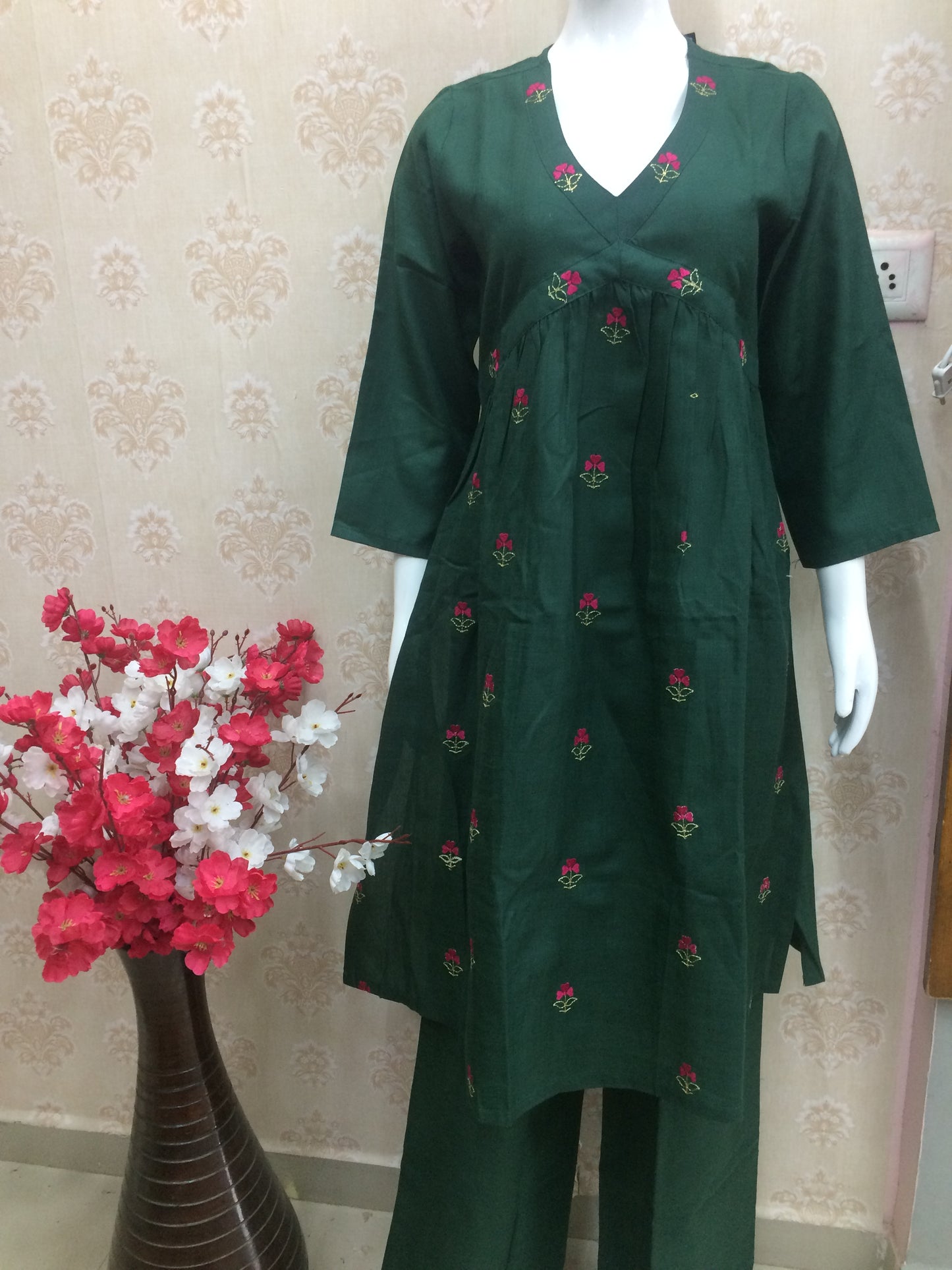 Dark Green Cotton Embroidered Kurta Set