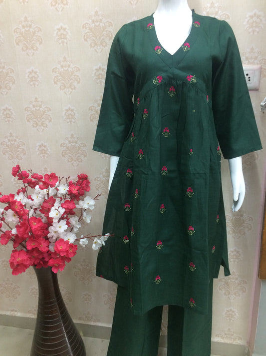 Dark Green Cotton Embroidered Kurta Set