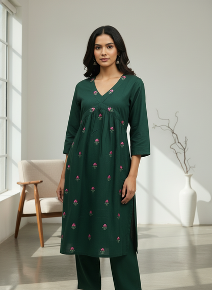 Dark Green Cotton Embroidered Kurta Set