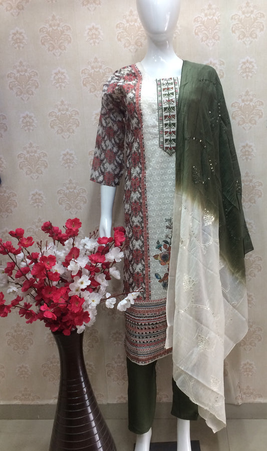 Chikan White And Mehndi with dupatta