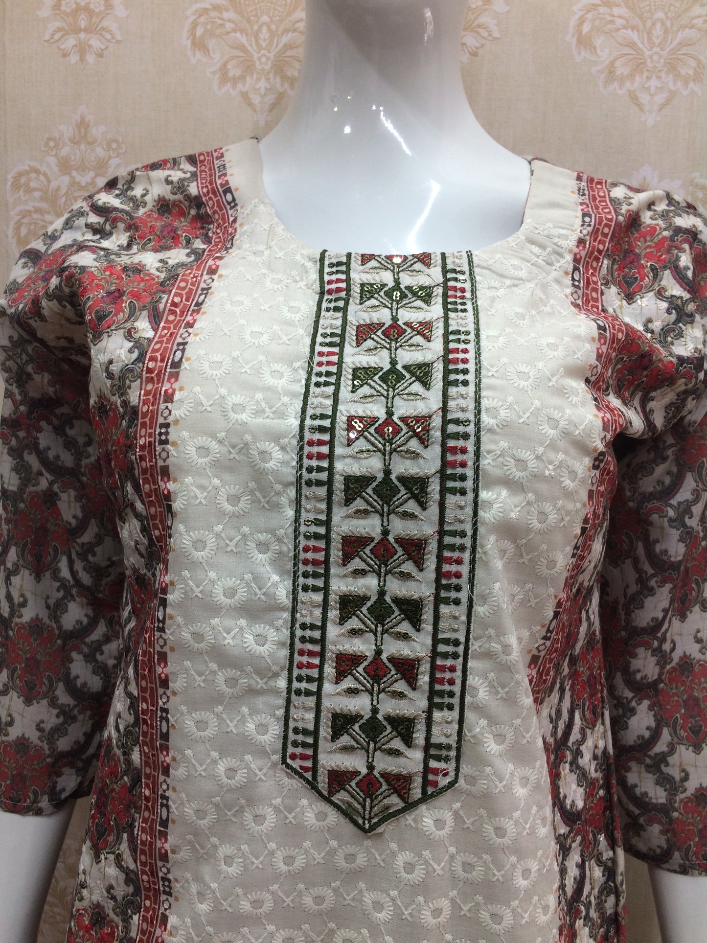 Chikan White And Mehndi with dupatta