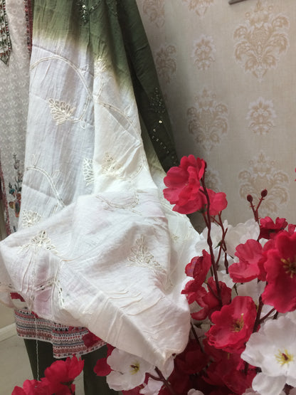 Chikan White And Mehndi with dupatta