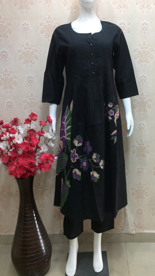 Black Floral Print Kurta Set
