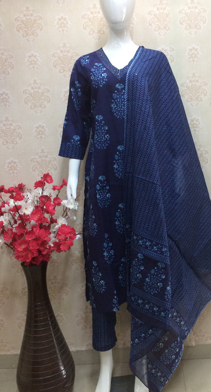 Blue Cotton Printed Suit Set with Dupatta