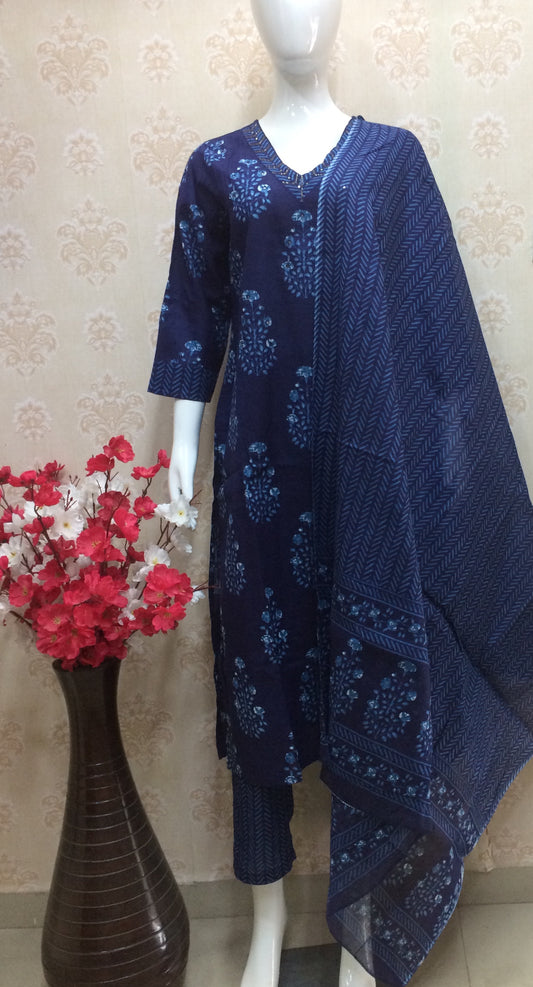Blue Cotton Printed Suit Set with Dupatta