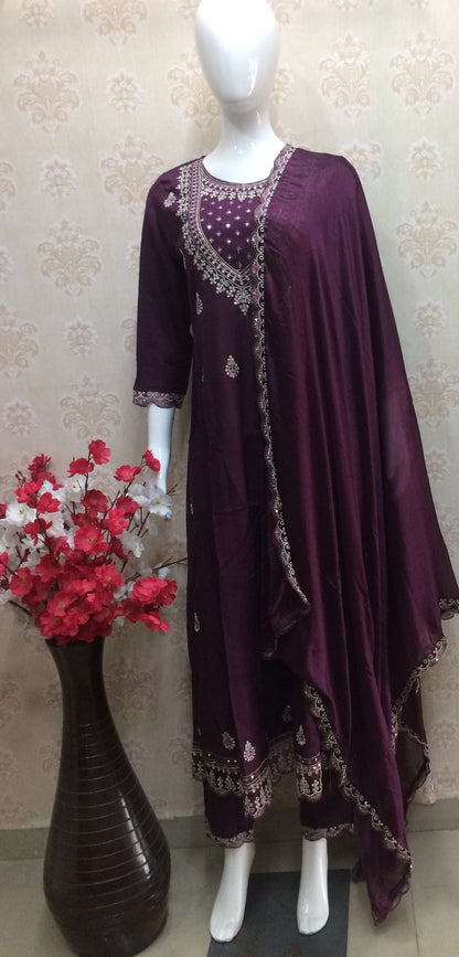 purple anarkali all over work