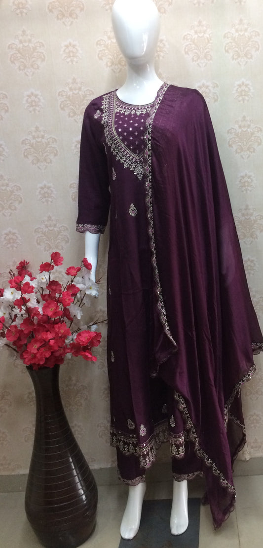 purple anarkali all over work