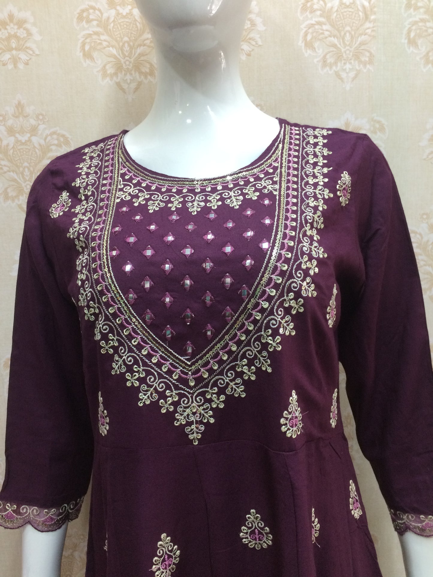 purple anarkali all over work