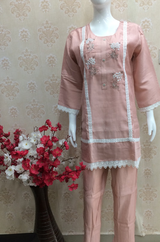 peach Cord Set with Moti Work