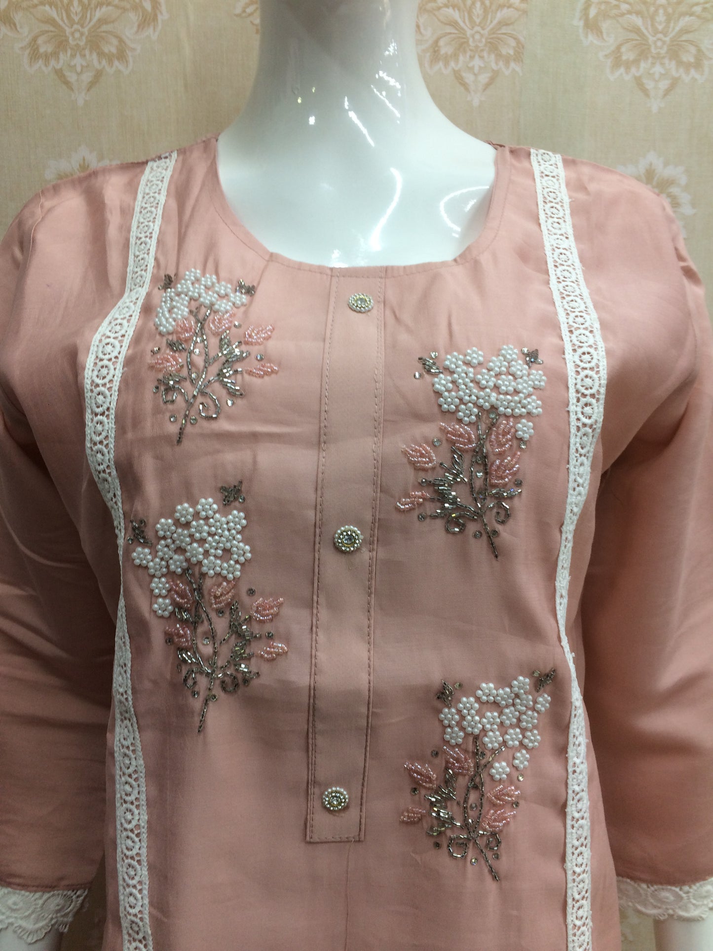 peach Cord Set with Moti Work