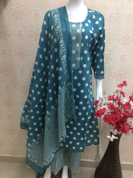 Teal Blue Polka Dot Cotton Suit Set