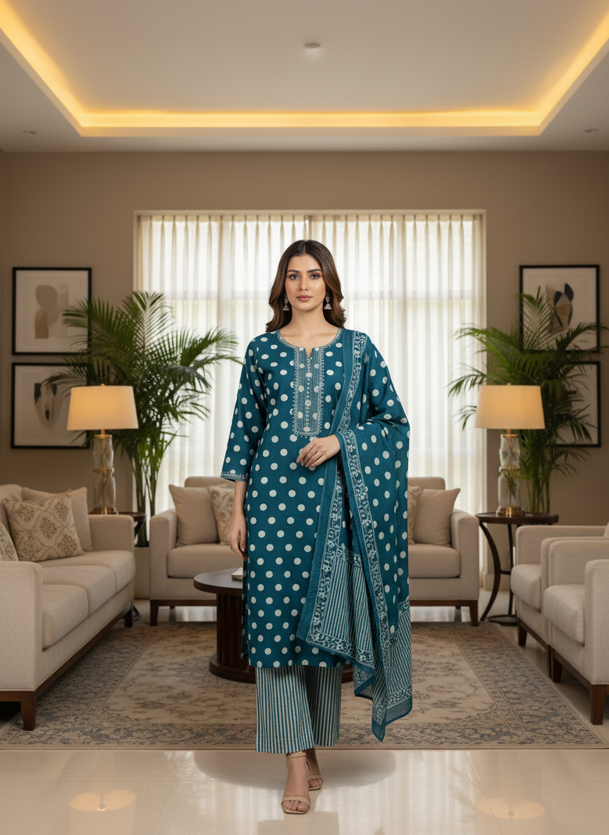 Teal Blue Polka Dot Cotton Suit Set