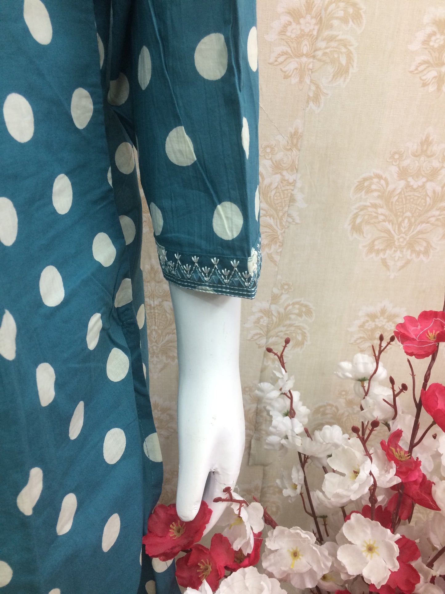 Teal Blue Polka Dot Cotton Suit Set