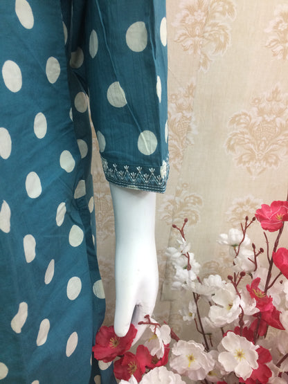 Teal Blue Polka Dot Cotton Suit Set