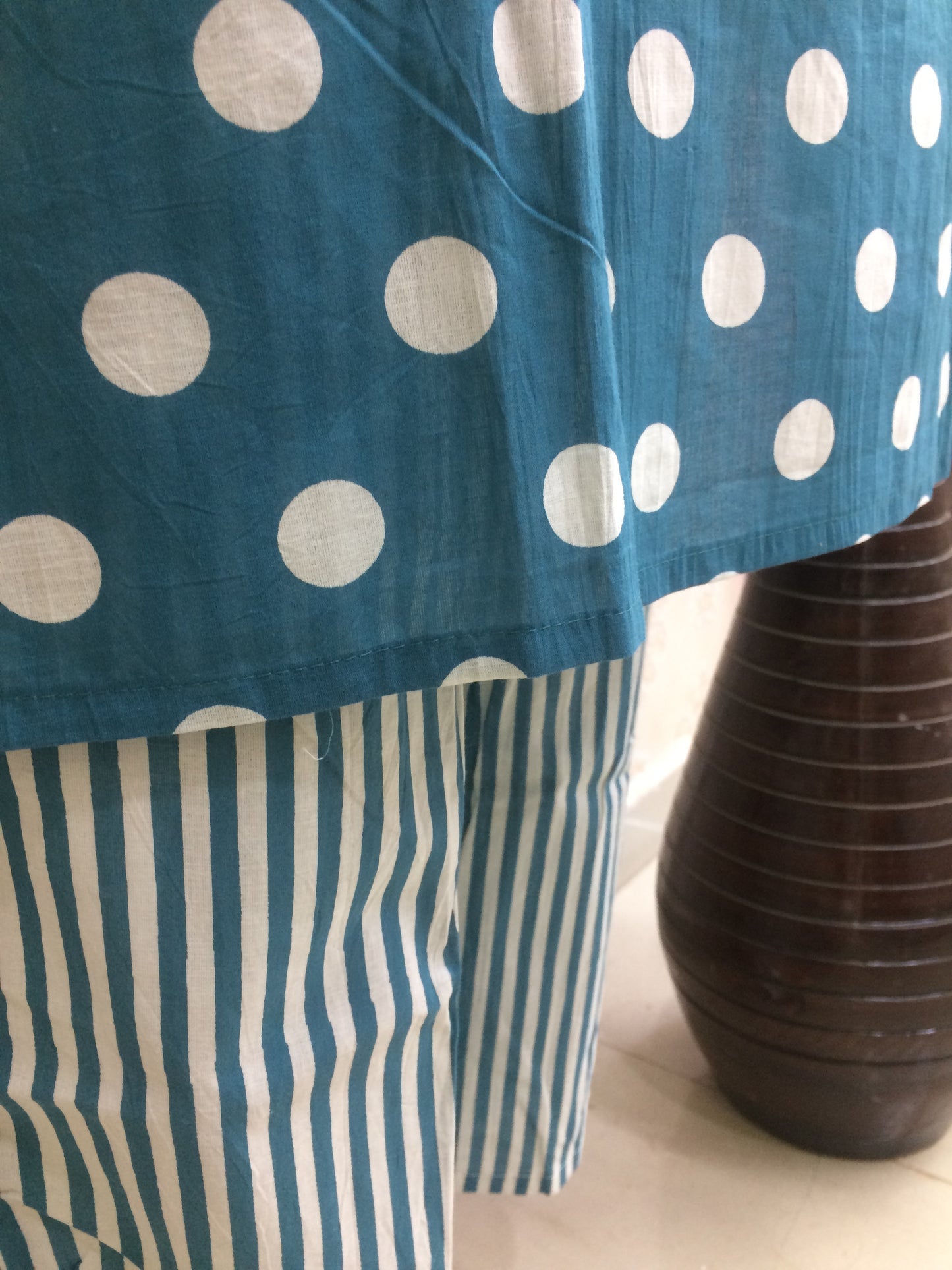 Teal Blue Polka Dot Cotton Suit Set