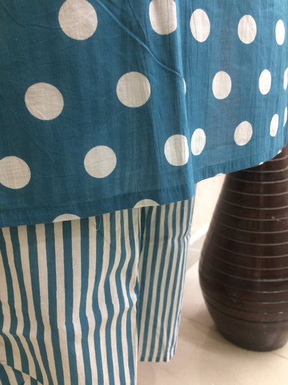 Teal Blue Polka Dot Cotton Suit Set
