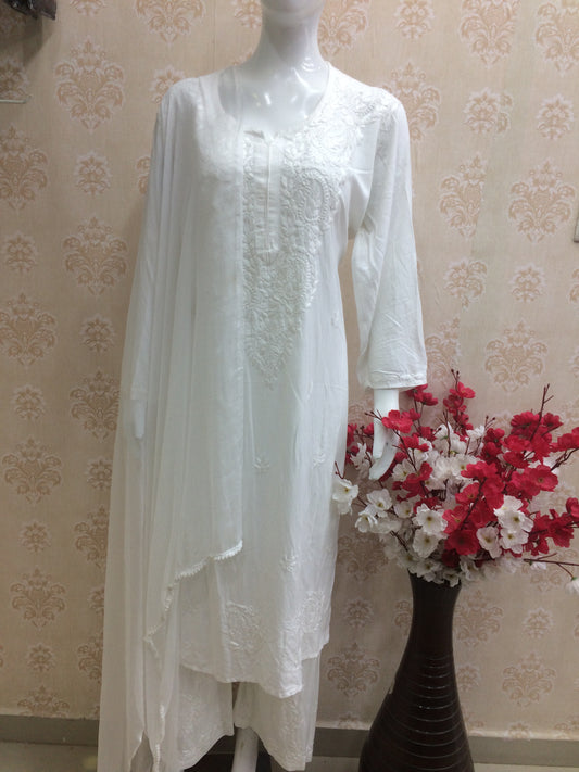 White Lucknowi 3 pcs chiffon dupatta
