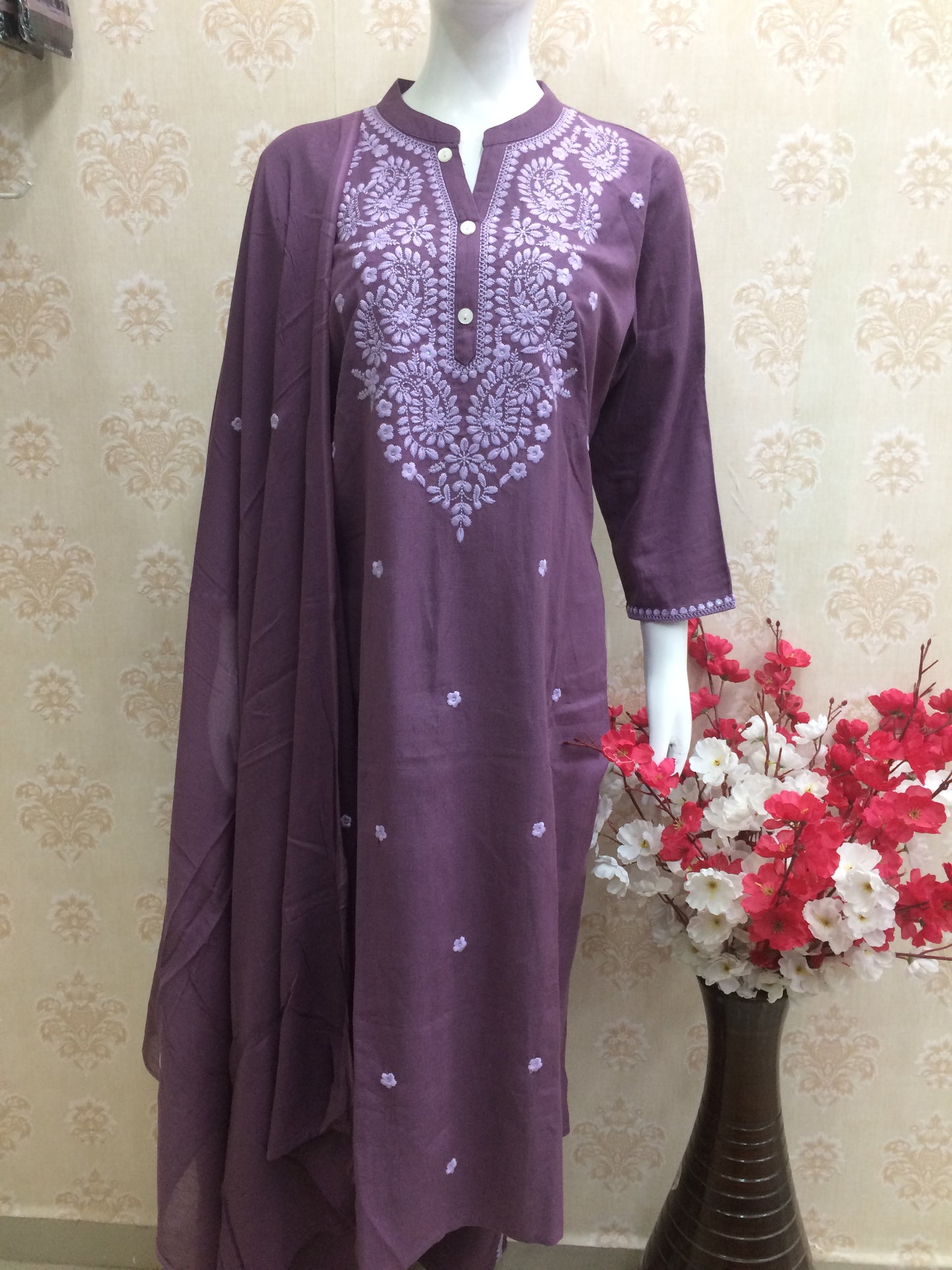 Purple khadi machine work dress
