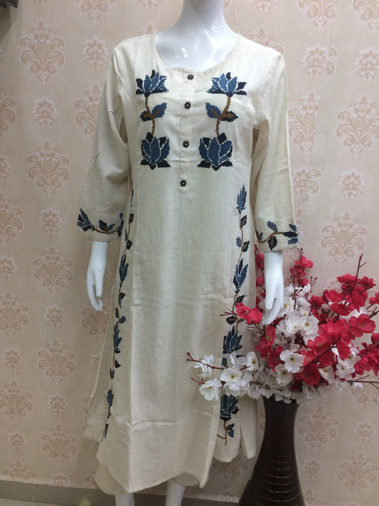 Elegant cream kurti with blue floral embroidery