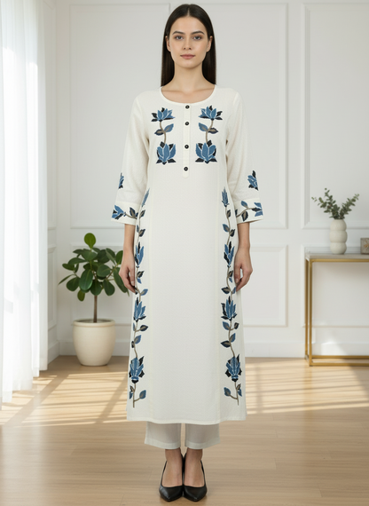 Elegant cream kurti with blue floral embroidery