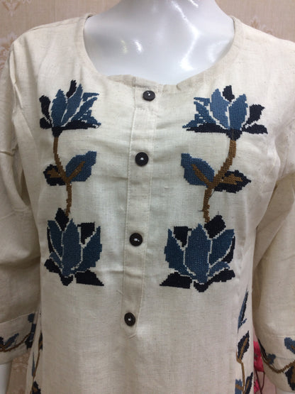 Elegant cream kurti with blue floral embroidery