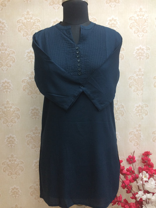 Teal blue short kurti with pleated yoke