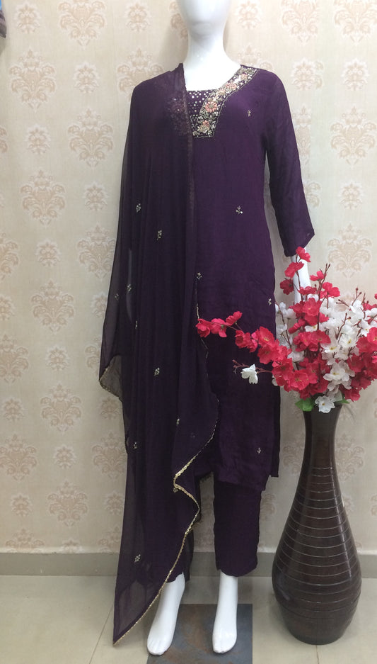 Deep Purple Embroidered Kurta Set