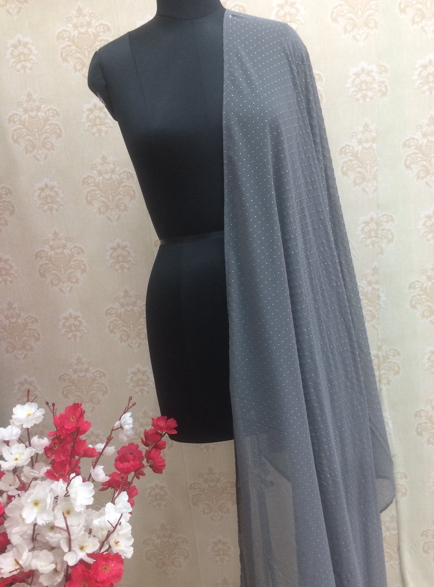 Georget dupatta with light stone work gray